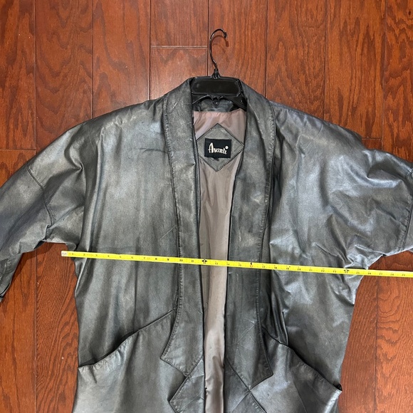 80s Vintage Avanti Leather Coat Blazer Open-Front Draped Metallic Grey Silver - Picture 4 of 11